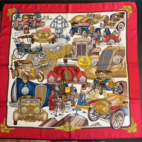 Authentic Hermes "Automobile Silk Scarf 90cm Square, Red Border & Vintage ar Des - Picture 1 of 11